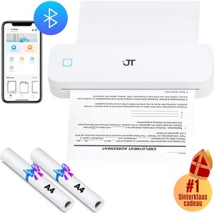 JT Products Thermische Mini Printer - Pocket Printer Draadloos - Mobiel - Incl. 2 Rollen A4 Papier - Thermische Printen - 200 DPI - Thermal - Bluetooth - Portable A4 Printer met App - Kleine Printer voor Onderweg - Kassabonprinter - Miniprinter - Wit