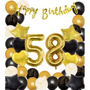 Snoes Ballonnen 58 Jaar Black Gold Dots Mega Ballon - Compleet Feestpakket Goud Zwart Stippen Cijferballon 58 - Verjaardag Versiering DIY Slinger Happy Birthday – Folieballon – Latex Ballonnen - Helium Ballonnen
