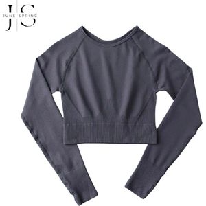 June Spring - Sport Top - Maat L/Large - Kleur: Grijs - Longsleeve - Croptop - Sportkleding Dames - Sporttop met Lange Mouw