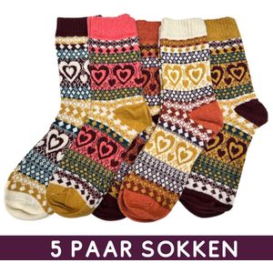 Vintage Winter Sokken - Set 5 paar - Warme Hygge Nordic Socks met Hartjes - maat 38-42