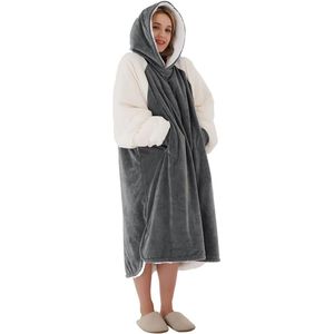 Oversized hoodie-deken, sherpa sweatshirt deken, knuffeltrui voor dames heren en volwassenen - XL - grijs + wit.