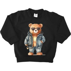 Trui jongen meisje - Sweater met print beer - Zwart - Stoere Sweater beer met zonnebril - Maat 80