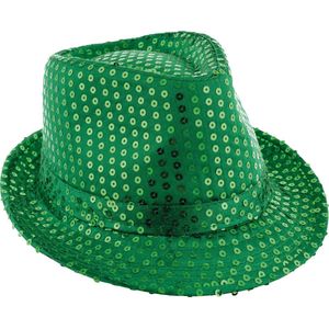 Toppers - Funny Fashion Carnaval verkleed Trilby hoedje met glitter pailletten - groen - heren/dames