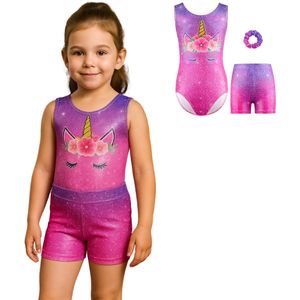 Joya Kids® Turnpakje Meisjes zonder Mouwen met Broekje en Scrunchie | Roze en Paars met Wit met Glitters en Unicorn Print Ballet pakje | Gymnastiekpakje Zomer zonder Mouw | Turnen | Turn Pakje set | Maat 120