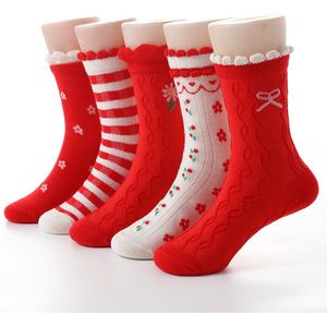 10 paar meisjessokken - katoen voor lente, herfst en winter - meisjesstrik met kant - rode sokken tot halverwege de kuit voor peuters en oudere kinderen