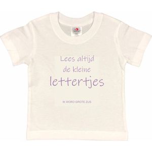 Shirt Aankondiging zwangerschap ""Lees altijd de kleine lettertjes (ik word grote zus)"" | korte mouw | Wit/lila | maat 86/92 zwangerschap aankondiging bekendmaking Baby big bro Sis Sister