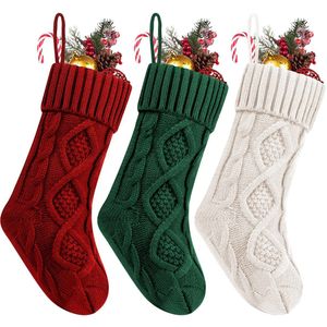 3-delige kerstsokken, 46 cm grote gebreide kabelkous, kerstversiering, cadeauzakken, kerstboomversieringen voor de open haard, kerstcadeaus voor familie en vrienden tijdens de feestdagen (Rood + Groen + Wit)