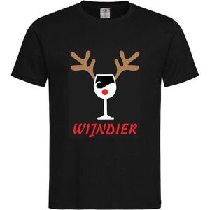 T-shirt Unisex Volwassenen Fout Foute Kerst Kerstmis Wijn Vrouw Grappig Tekst ""Wijndier"" met gewei Rendier Op Voorkant | korte mouw | Zwart/Wit/Rood/Cappuccino | maat XL