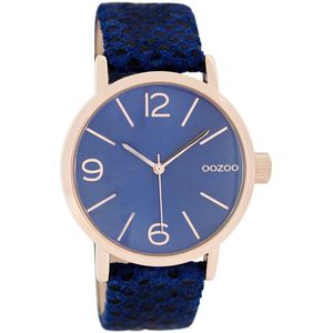 OOZOO Timepieces - Rosé goudkleurige horloge met donker blauwe leren band - C7577