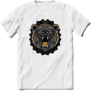 Beer - Dieren Mandala T-Shirt | Geel | Grappig Verjaardag Zentangle Dierenkop Cadeau Shirt | Dames - Heren - Unisex | Wildlife Tshirt Kleding Kado | - Wit - 3XL