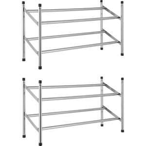 Set van 2x Uitschuifbare stapelbare aluminium schoenenrekken 2-laags - 62 tot 117 x 23 x 36 cm - Schoenen opbergers/opbergen - Schoenenkasten/schoenenrekken - Camping/gang kasten/rekken