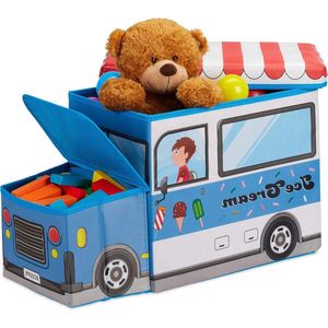 Speelgoedkist poef met deksel opvouwbaar - Ijswagen design - 50 L blauw