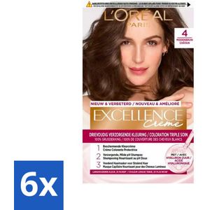 L'Oréal Paris - Excellence Crème - Middenbruin 4 - Haarverf - Permanente Haarkleuring - Voordeelverpakking - 6 stuks