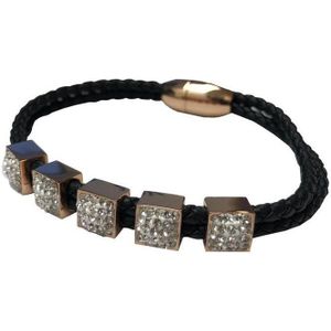 Silventi 980101964 Lederen armband met metalen - zirkonia - Zwart - gevlochten - rosegoudkleurig