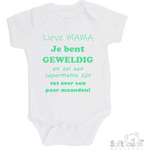 100% katoenen Romper ""Lieve MAMA je bent geweldig en zal een supermama zijn. Tot over een paar maanden!"" Unisex Katoen Wit/mint Maat 56/62