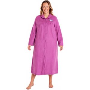 Lange badjas van fleece met geborduurde sjaalkraag en knopen