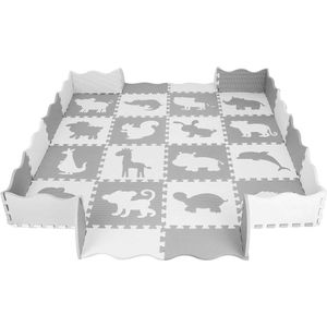 Springos Speelmat | Speelmat Foam | Puzzelmat | Figuren | Dieren | 16 puzzelstukken | 150 x 150 cm | Creme/Grijs