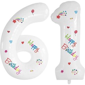 Folie Ballonnen Cijfers 61 Jaar Happy Birthday Verjaardag Versiering Cijferballon Folieballon Cijfer Ballonnen Wit 70 Cm