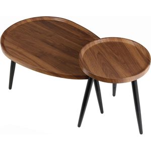 Trovado Salontafel - Set van 2 Salontafels - Rond en Druppelvorm - Massief Hout - Zwarte Poten - Walnoot - Druppel Salon Tafel- Modern