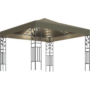 vidaXL - Prieel - met - LED-lichtslinger - 3x3 - m - taupe