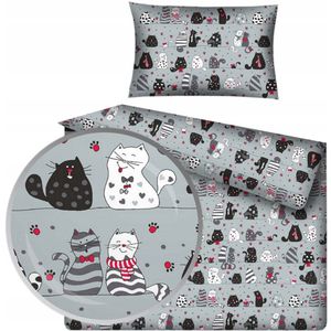 Grijze katonen kinderbeddengoedset met katten 100x135 cm