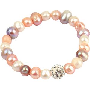 Zoetwater parel armband Maxima Soft Colors - echte parels - wit - roze - zalm - oranje - stras steentjes - glitter - elastisch