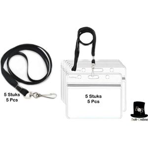 Bob Online ™ - 5 Stuks – Horizontaal PVC ID Badgehouders + 5 Stuks Lanyards – Waterdichte Plastic ID Badgehouders – ID-Kaarthouder – Plastic ID-Kaarthouders – Transparant ID-Badgehouder – PVC Horizontal ID Badge Holders x 5 – Lanyards Black x 5