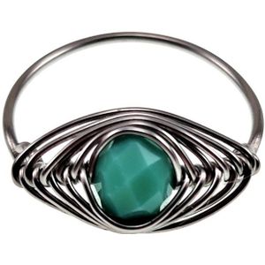 Ring Dames - RVS Zilverkleur - esde2 Ring - Visgraat Ring met Ondoorzichtig Groene Kristallen - Handgemaakt