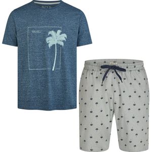 Phil & Co Heren Shortama Korte Pyjama Katoen Palm Print Blauw - Maat XL