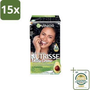15 x Garnier - Nutrisse Ultra Crème 1 - Haarkleuring - Zwart - Intens Voedend - Permanente Kleur - Grootverpakking - Haarverf - Permanent Haarverf - Voedend Haarverf - Grijsdekking - Haarverf Zwart