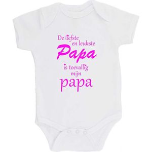 100% katoenen Romper ""De liefste en leukste Papa is toevallig mijn papa"" Vader Vaderdag Unisex Katoen Wit/fluor pink 68/74