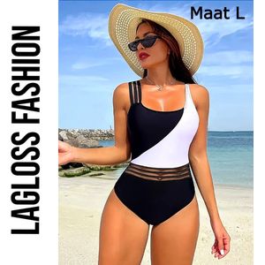LaGloss® Badpak Zwart Wit – Modern Kleurblok Damesbadpak met Mesh & Vulling – Maat S