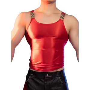 Heren Glanzende Tanktop Rood - Festival - Lingerie - Shirt - Hemd - Open Schouders - One Size