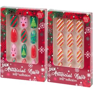 Kerst Kunstnagels - 2 designs - Rendier & Zuurstok | Set van 48 kunstnagels kerst-stijl | Winter Plaknagels - Zelfklevende Kerst-kunstnagels