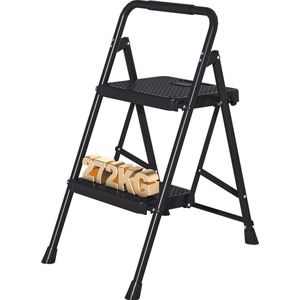 Opvouwbare 2-Trapsladder voor Thuisgebruik - Zwarte Stalen Ladder met Antislip Pedalen en Sponsstuur