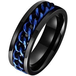 Anxiety Ring - (Kettinkje) - Stress Ring - Fidget Ring - Anxiety Ring For Finger - Draaibare Ring - Spinning Ring - Zwart-Blauw - (22.25mm / maat 70)