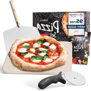 Pizzasteen voor Oven Gasgrill met Pizzaschep Receptenboek Pizzasnijder - Brood Steen Steenplaat Grill Kit BBQ Pizzabenodigdheden - Broodbaksteen Ovensteen & Pizzaschuiver - Grote maat.