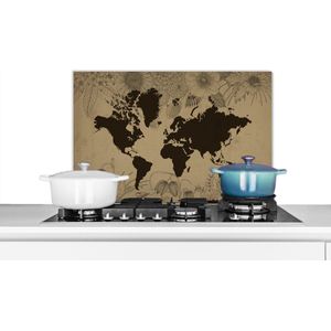 Spatscherm keuken 70x50 cm - Kookplaat achterwand Wereldkaart - Vintage - Zwart - Muurbeschermer - Spatwand fornuis - Hoogwaardig aluminium