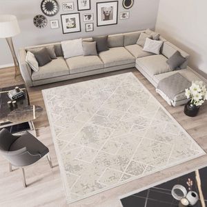 Woonkamertapijt, abstract laagpolig tapijt, Boheems, modern vloerkleed voor woonkamer, geometrisch groot tapijt, slaapkamer, zacht antislip tapijt (ivoorwit, 160 x 200 cm)