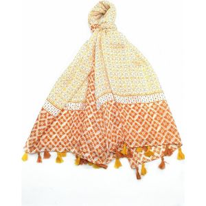 Lange dames sjaal Zita gebloemd motief oranje wit zwart donkeroranje geel