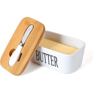 Keramische botervloot, multifunctionele emaille boter, boot met houten deksel, hoogwaardige botercontainer met siliconen afdichtlip voor 250 g boter, wit