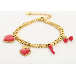 armband met rode bedels - peper - kers - hartjes - stainless steel
