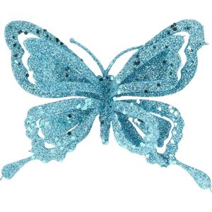 1x stuks decoratie vlinders op clip glitter ijsblauw 14 cm - Bruiloftversiering/kerstversiering decoratievlinders
