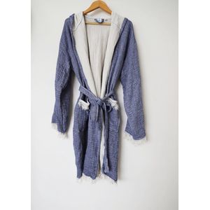 Aquatolia - Mira -Badjas katoen van mousselinemet capuchon ochtendjas - Hamam Sauna Badjas - S*M - Blauw