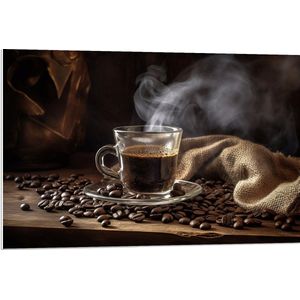 PVC Schuimplaat - Koffie - Kopje - Koffiebonen - Zak - Rook - 90x60 cm Foto op PVC Schuimplaat (Met Ophangsysteem)