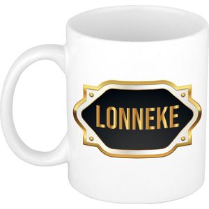 Lonneke naam cadeau mok / beker met gouden embleem - kado verjaardag/ moeder/ pensioen/ geslaagd/ bedankt