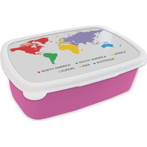 Broodtrommel Roze - Lunchbox - Brooddoos - Wereldkaart - Simpel - Kleurrijk - 18x12x6 cm - Kinderen - Meisje