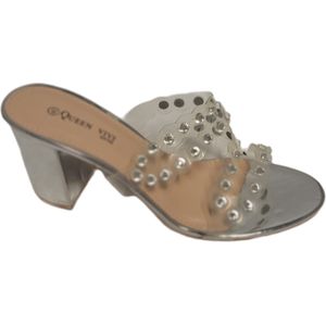 QUEEN VIVI MUILTJE IN SILVER -TRANSPARANTE BANDJES MET FLONKERS SIZE 38