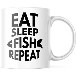 Mok met tekst: eat sleep fish repeat | Grappige mok | Grappige Cadeaus