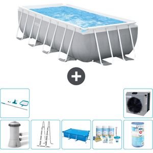 Intex Rechthoekig Prism Frame Zwembad - 400 x 200 x 100 cm - Grijs - Inclusief Pomp - Ladder Solarzeil - Onderhoudspakket - Filter - Schoonmaakset - Warmtepomp